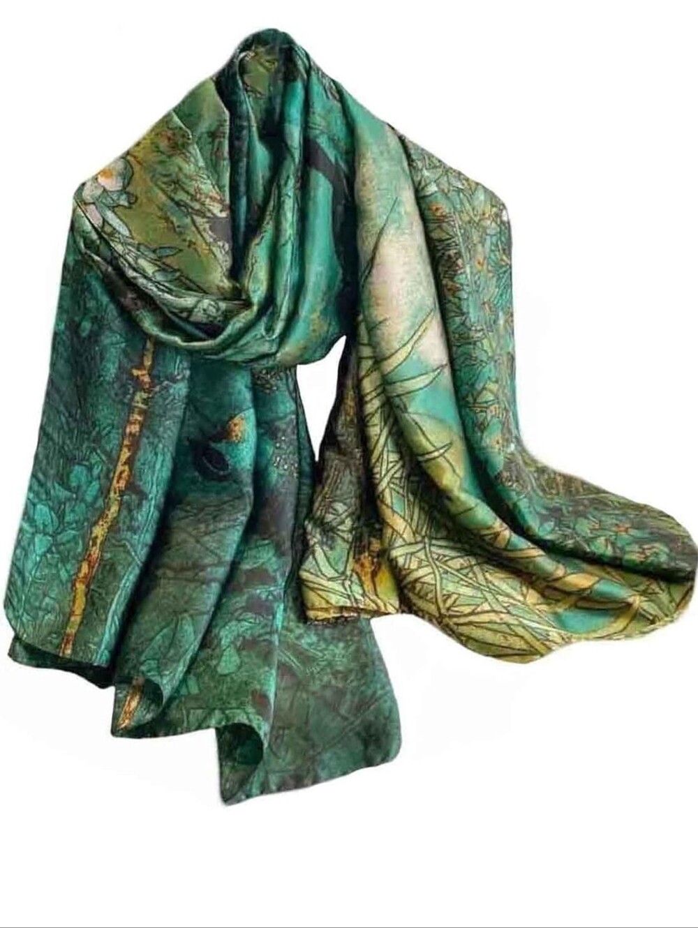 Luxury Green Patterned Silk-Feel Scarf